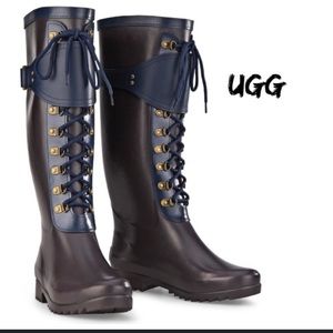 EUC UGG Madelynn gray/blue rubber and leather tall rain boots